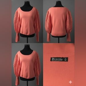 New York & Company Red Embellished Puff Sleeve Cropped Blouse